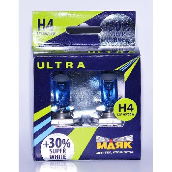 Лампа галогеновая H 4 12V 60/55W P43t Super White+30 (82420SW+30) 2 шт, к-т Маяк Ultra  