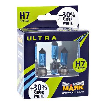 Лампа галогеновая H 7 12V 55W Pх26d Super White+30 (82720SW+30) 2 шт, к-т  Маяк Ultra