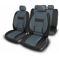Чехлы велюр, салон (11 пр) поясничный упор PROTECT Plus-1, Черный-Темно-серый SKYWAY S01301048