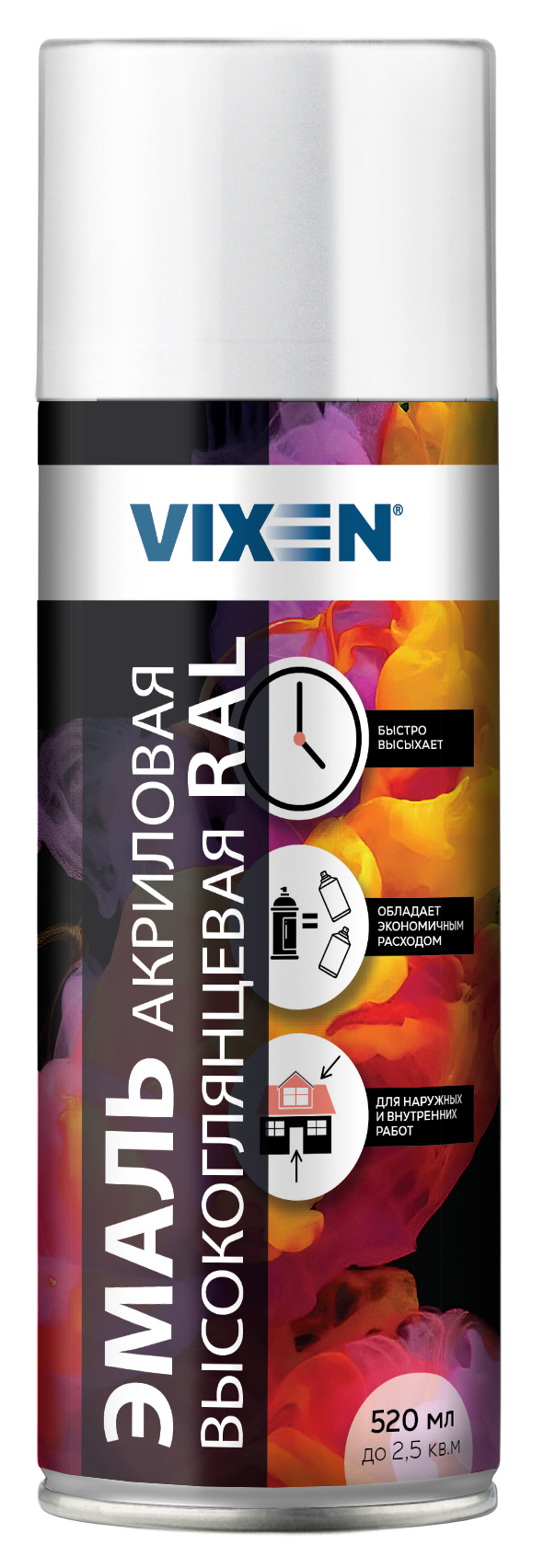 Краска-спрей эмаль Белый транспортный высокоглянц (RAL 9016) акриловая, 520мл VX69016 VIXEN (уп12шт)