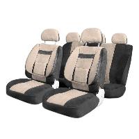 Чехлы велюр, салон (11 пр) поясничный упор PROTECT Plus-1, Черный-Бежевый  SKYWAY S01301137
