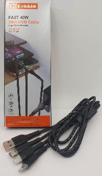 Кабель USB для зарядки 3в1(iPhone/Android/Type-C), L 1.2м, тканевая оплетка, черный(в коробке)DK-A95