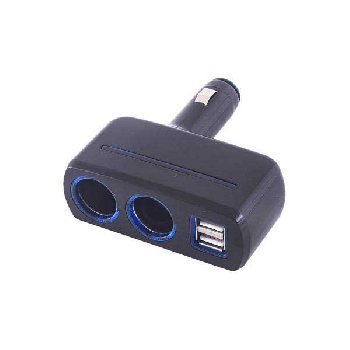 Адаптер прикуривателя 2 гнезда + 2 USB*2A;1A,  предохранитель 5А, Черный  SKYWAY S02301019