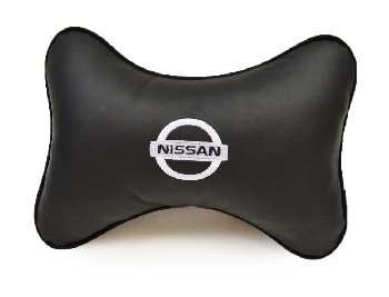 Подушка подголовник Косточка экокожа, Черная, логотип NISSAN