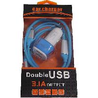 Адаптер прикуривателя 2 USB (2.1A; 3.1A ) + зарядка 3 вида , силикон, голубой