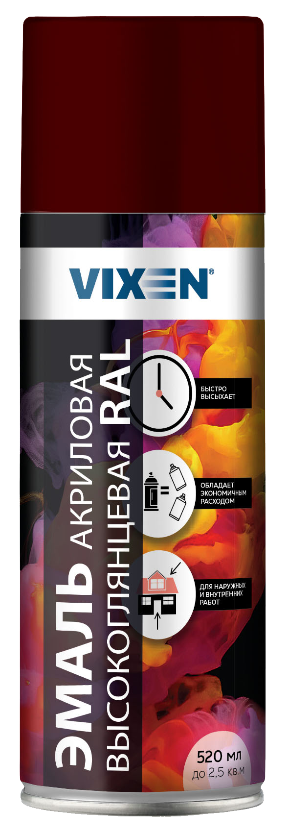 Краска-спрей эмаль Красная темная высокоглянцевая (RAL 3011) акриловая, 520мл VX63011 VIXEN(уп.12шт)