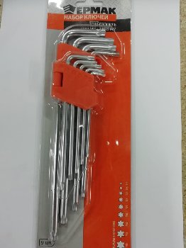 Ключи Г-образные TORX с внутренним отверстием ( 9 предметов) Т10-50, L80-230мм, к-т  ЕРМАК 657-025