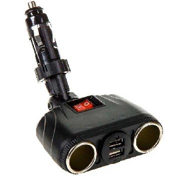 Адаптер прикуривателя 2 гнезда+2 USB*3.1А, 12V, подвижный штекер на корпусе, черный SKYWAY S00301036