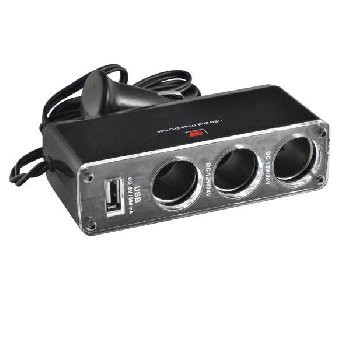 Адаптер прикуривателя 3 гнезда+1 USB*1A, крепление штекера на проводе, Черный SKYWAY S02301008
