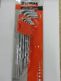 Ключи Г-образные TORX с внутренним отверстием ( 9 предметов) Т10-50, L80-230мм, к-т  ЕРМАК 657-025
