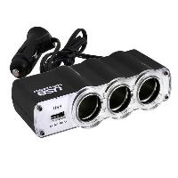 Адаптер прикуривателя 3 гнезда+1 USB*0.5A, крепление штекера на проводе, Черный  SKYWAY S02301007