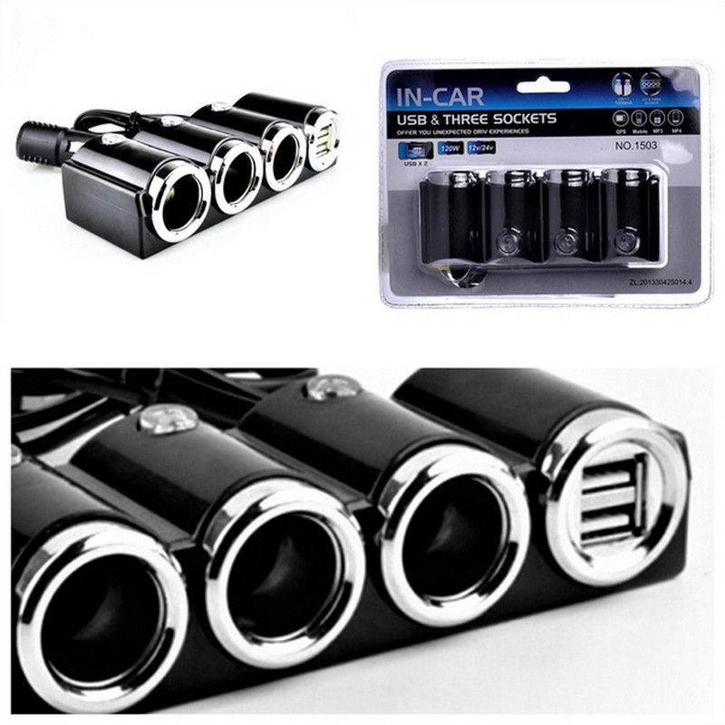 Адаптер прикуривателя 3 гнезда+2USB 3.1mA, 120W, 12/24V, штекер на проводе No.1503