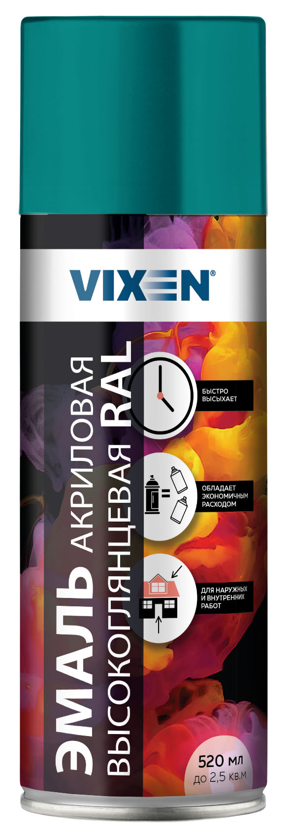 Краска-спрей эмаль Морская волна высокоглянцевая(RAL 5021) акриловая , 520мл  VX65021 VIXEN (уп12шт)