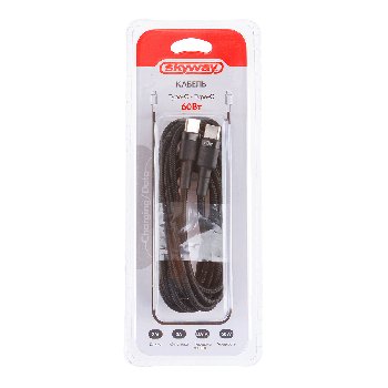Кабель Type-C/ Type-C, L 2м, 3А, 60Вт, тканевая оплетка, черный S09603016 SKYWAY
