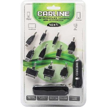 Зарядка телефона универсальная 12/24V 10 разъемов/ 2USB (1A и 2.1А) черная CARLINE® 