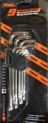 Ключи Г-образные TORX с внутренним отверстием ( 9 предметов) Т10-50, L75-170мм, к-т 