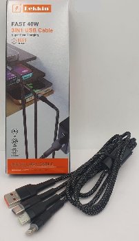 Кабель USB для зарядки 3в1(iPhone/Android/Type-C), L 1.2м, тканевая оплетка, черный(в коробке)DK-A95