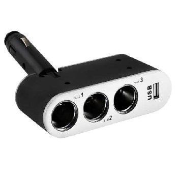 Адаптер прикуривателя 3 гнезда+1 USB*1A, подвижный штекер на корпусе, Черный  SKYWAY S02301006