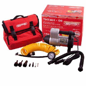Компрессор метал корпус 12V ТИТАН-05 35л/10Атм (6 насадок-лодки, матрасы), сумка  SKYWAY S02001017