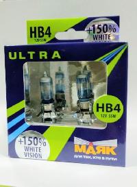 Лампа галогеновая НB4 (9006) 12V 55W P22d White Vision+150 (89006WV+150) 2шт, к-т  Маяк Ultra 