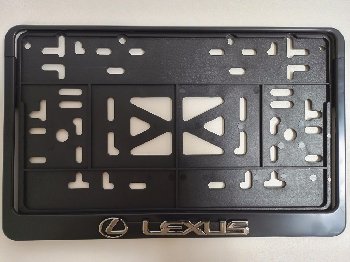 Рамка номера квадратная 290*170, пластик с защелкой черная, надпись LEXUS серебро