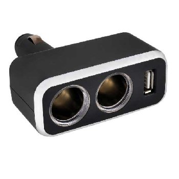 Адаптер прикуривателя 2 гнезда+1 USB*1A, подвижный штекер на корпусе, Черный SKYWAY S02301003