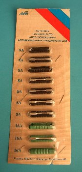 Предохранитель цилиндрический  8A,16A, пластик (10 шт), к-т  РОССИЯ  (уп.10/15 к-тов)