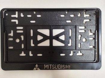 Рамка номера квадратная 290*170, пластик с защелкой черная, надпись MITSUBISHI серебро
