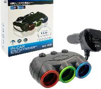 Адаптер прикуривателя 3 гнезда+1USB 3.1mA, 120W, 12/24V, штекер на проводе, индикатор АКБ  No.1633