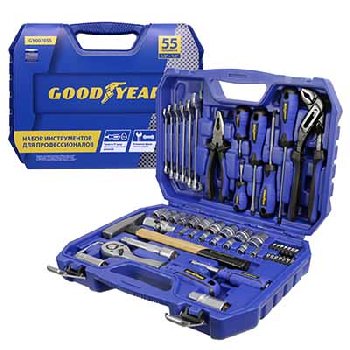 Инструмент 1/4,1/2" ( 55 предметов) головки, трещотка, молоток,ключи/кейс Goodyear 2055