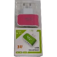 Адаптер 220V - 3 USB (3.1А), розовый 