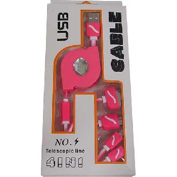 Кабель USB для зарядки, разъем 4 вида , L 100 см, со смоткой шнура, розовый