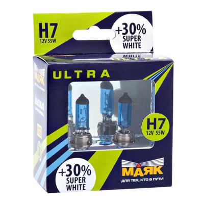Лампа галогеновая H 7 12V 55W Pх26d Super White+30 (82720SW+30) 2 шт, к-т  Маяк Ultra