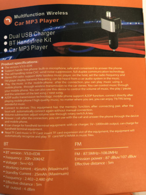 FM Модулятор-bluethooth, 12-24V, 2USB 2.4/1A, HandsFree, LED дисплей, G 15
