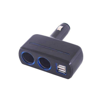 Адаптер прикуривателя 2 гнезда + 2 USB*2A;1A,  предохранитель 5А, Черный  SKYWAY S02301019