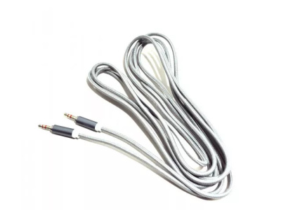 Кабель AUX (mini jack 3.5 mm) стальной штекер, тканевая оплетка, L 3м, серый 