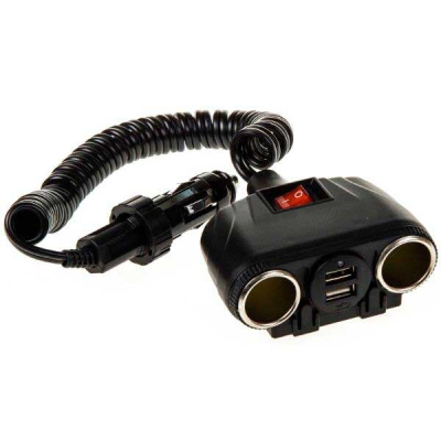Адаптер прикуривателя 2 гнезда+2 USB*3.1А, 12V, крепление штекера на проводе,Черный SKYWAYS00301037