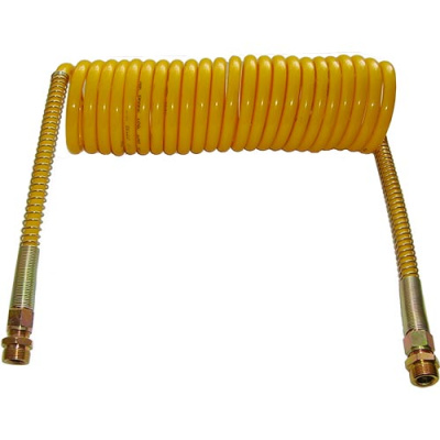 Шланг пневматический спиральный, полиамид, фитинги М22, с пружиной, длина 7.5 метров, жёлтый