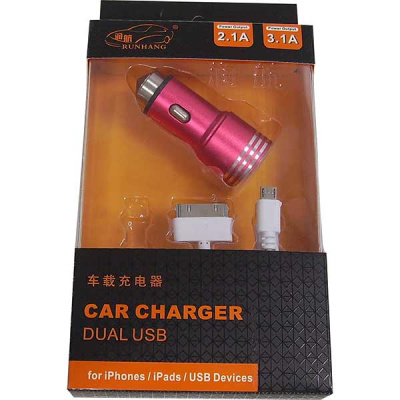 Адаптер прикуривателя 2 USB (2.1A; 3.1A ) + зарядка 3 вида , полоска/розовый