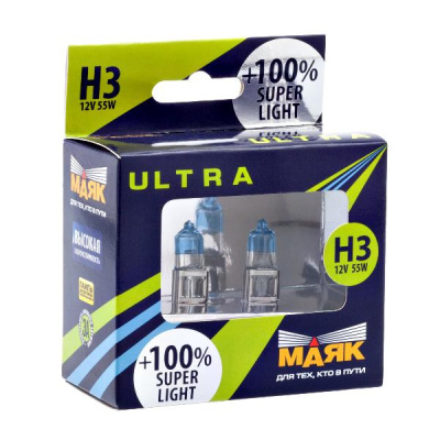 Лампа галогеновая H 3 12V 55W Pk22s Super Light+100% (82320SL+100) 2 шт, к-т   Маяк 