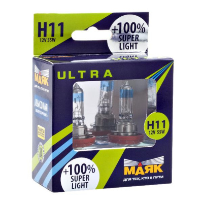 Лампа галогеновая H11 12V  55W PGJ19-2 Super Light +100% (82110SL+100) 2шт, к-т Маяк 