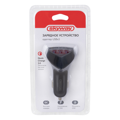 Адаптер прикуривателя 3 USB 20W 12/24V (QC) треугольный Черный SKYWAY S04601019