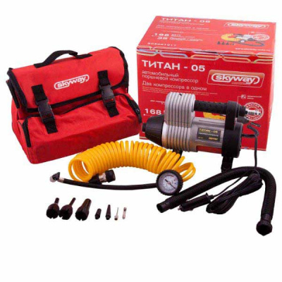 Компрессор метал корпус 12V ТИТАН-05 35л/10Атм (6 насадок-лодки, матрасы), сумка  SKYWAY S02001017