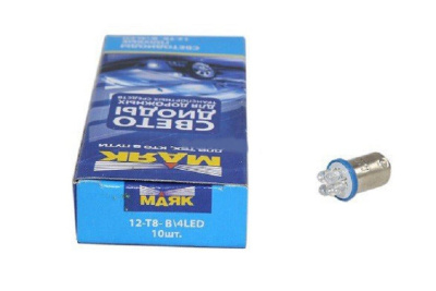 Светодиод T 8 12V BLUE  4LED  BA9S (Маяк) (12T8-BLUE/4 LED)