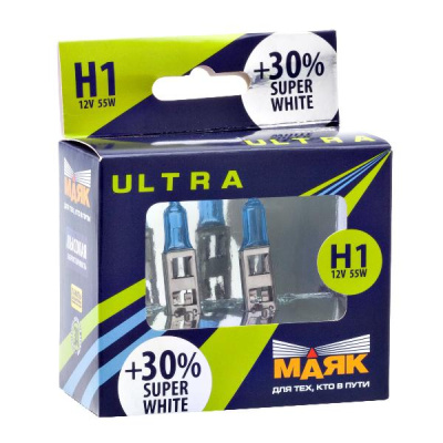 Лампа галогеновая H 1 12V 55W P14,5s Super White+ 30% (82120SW+30) 2 шт, к-т   Маяк 