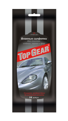 Салфетки влажные для очистки стёкол, зеркал, фар (30 шт), к-т Top Gear  (1/32)  