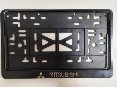 Рамка номера квадратная 290*170, пластик с защелкой черная, надпись MITSUBISHI серебро