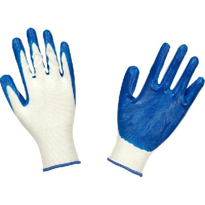 Перчатки нейлон белые, обливка области ладони-нитрил синий (летние),  (уп.10/720 пар, Ю.Корея)