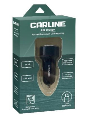 Адаптер прикуривателя 2 USB  (2.1A ;1A ) 12/24В, с вольтметром, черный,CARLINE® (CH-2U-VM)