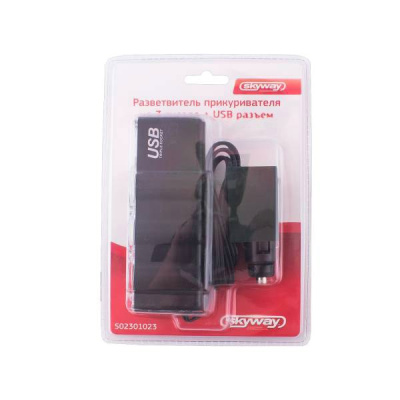 Адаптер прикуривателя 3 гнезда + USB*2A, предохранитель 5А,  Черный   SKYWAY  S02301023
